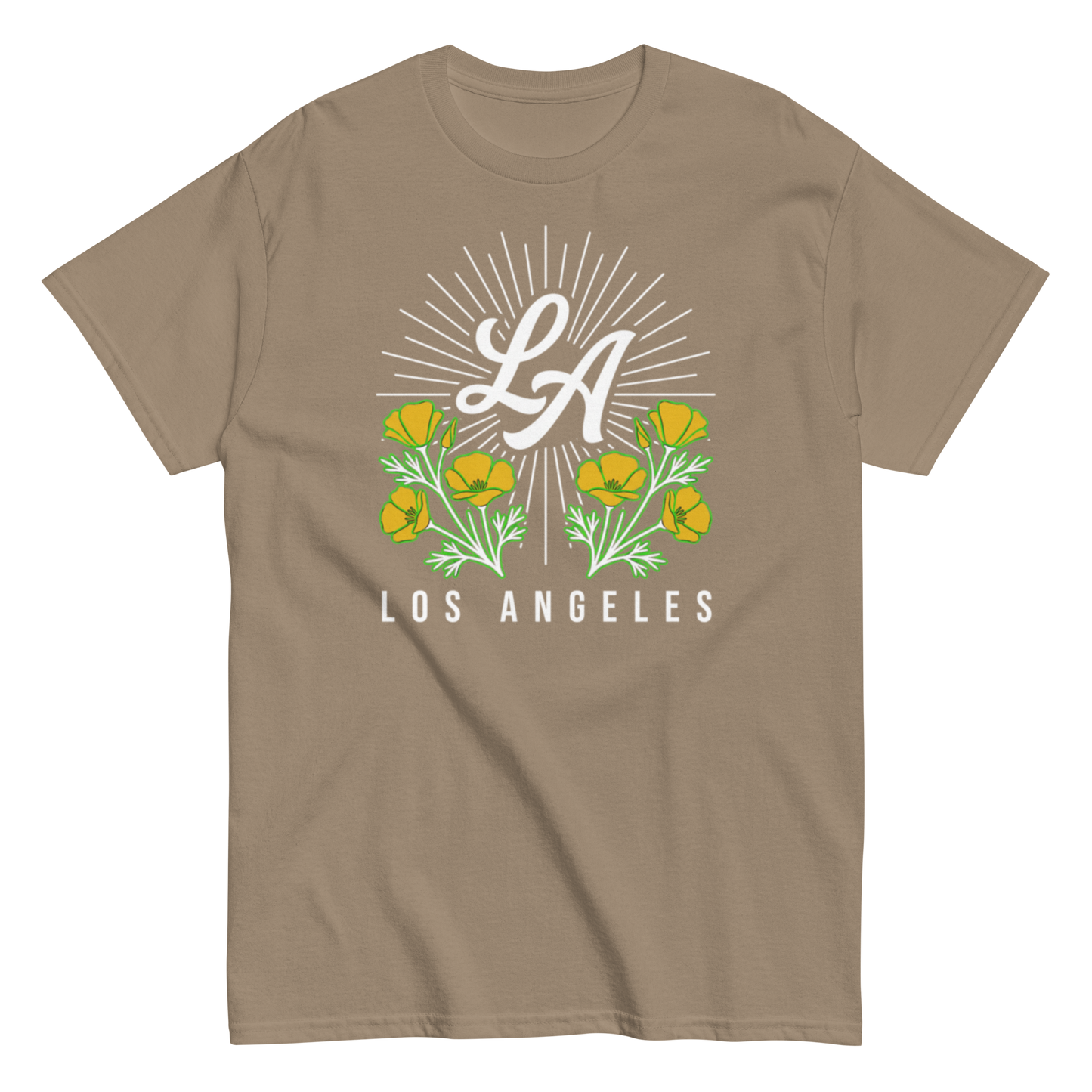 A taupe brown short-sleeve crewneck t-shirt featuring a Los Angeles graphic print on the chest with yellow flowers, green leaves, and a white sunburst design.