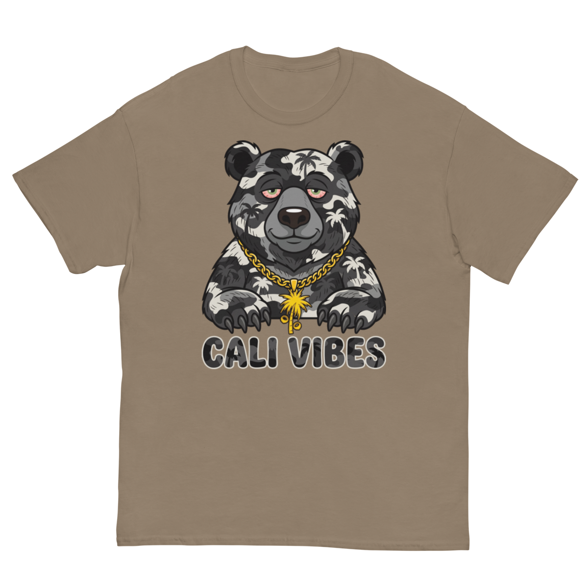 A taupe brown short-sleeve t-shirt featuring a graphic of a black and white camo bear wearing a gold chain with a palm leaf pendant, above the text 'CALI VIBES'.