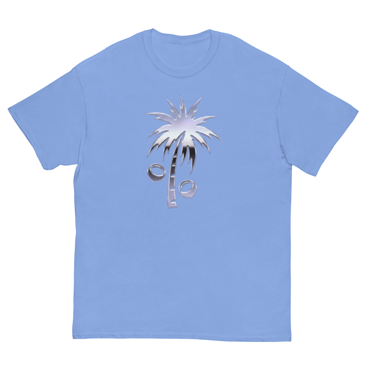 A light blue short-sleeve crewneck t-shirt featuring a stylized palm tree graphic on the chest, with the word 'Palm' integrated into the tree's fronds in a metallic silver gradient.