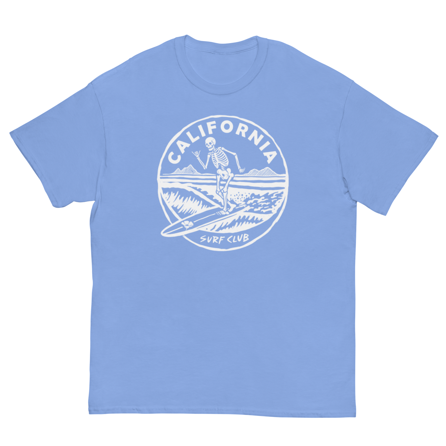 A light blue short-sleeve crewneck t-shirt featuring a white circular graphic on the chest with a skeleton surfer and the text 'CALIFORNIA SURF CLUB'.