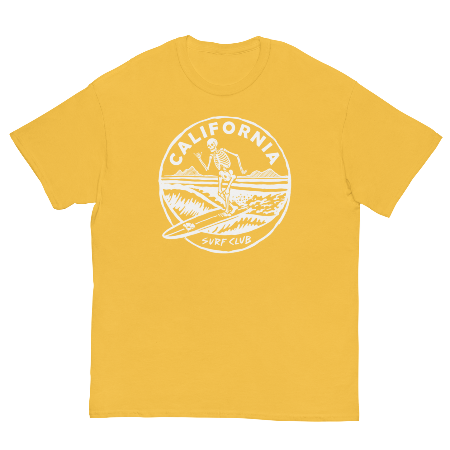 A yellow short-sleeve crewneck t-shirt featuring a white circular graphic on the chest with a skeleton surfer and the text 'CALIFORNIA SURF CLUB'.