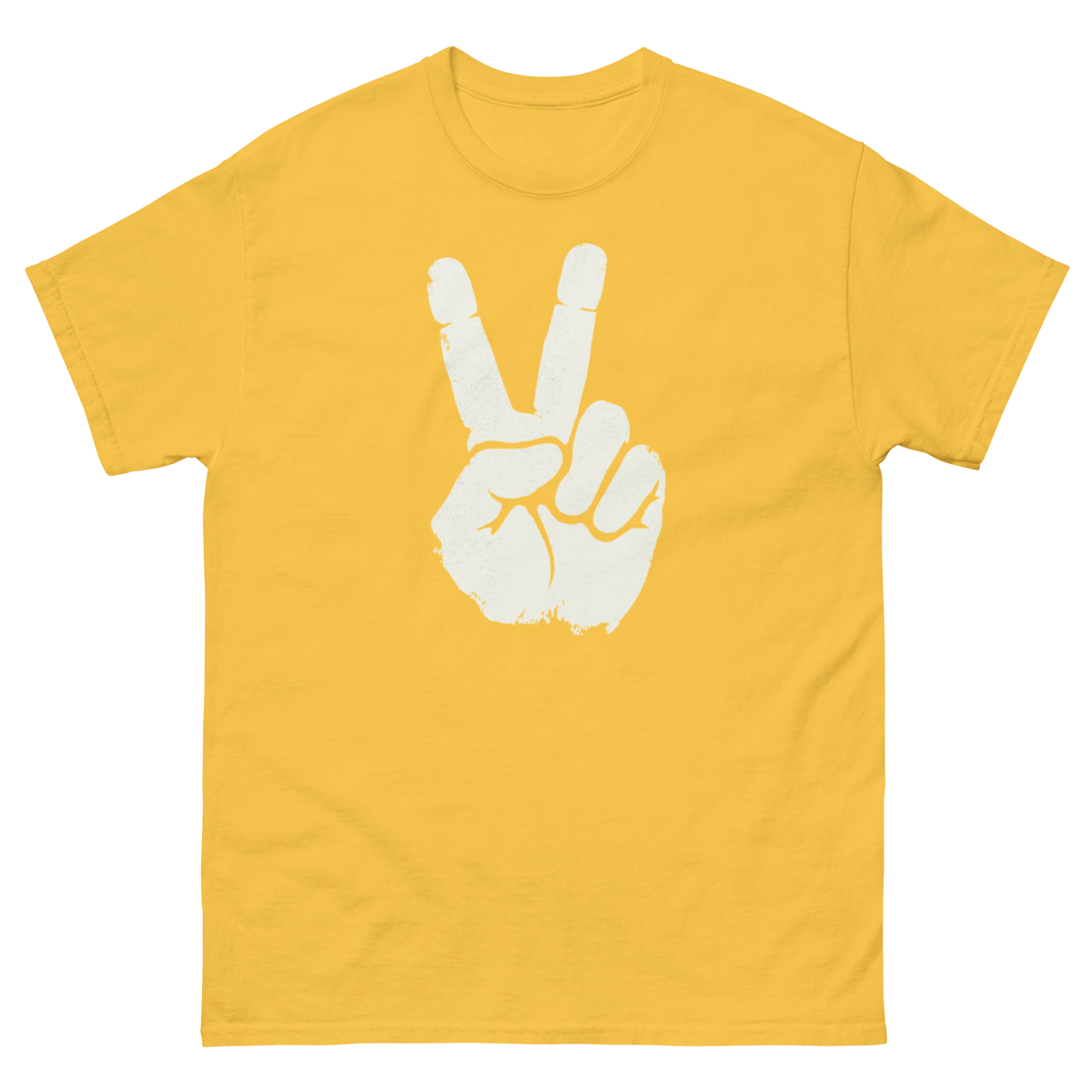 Yellow t-shirt with a white peace sign design