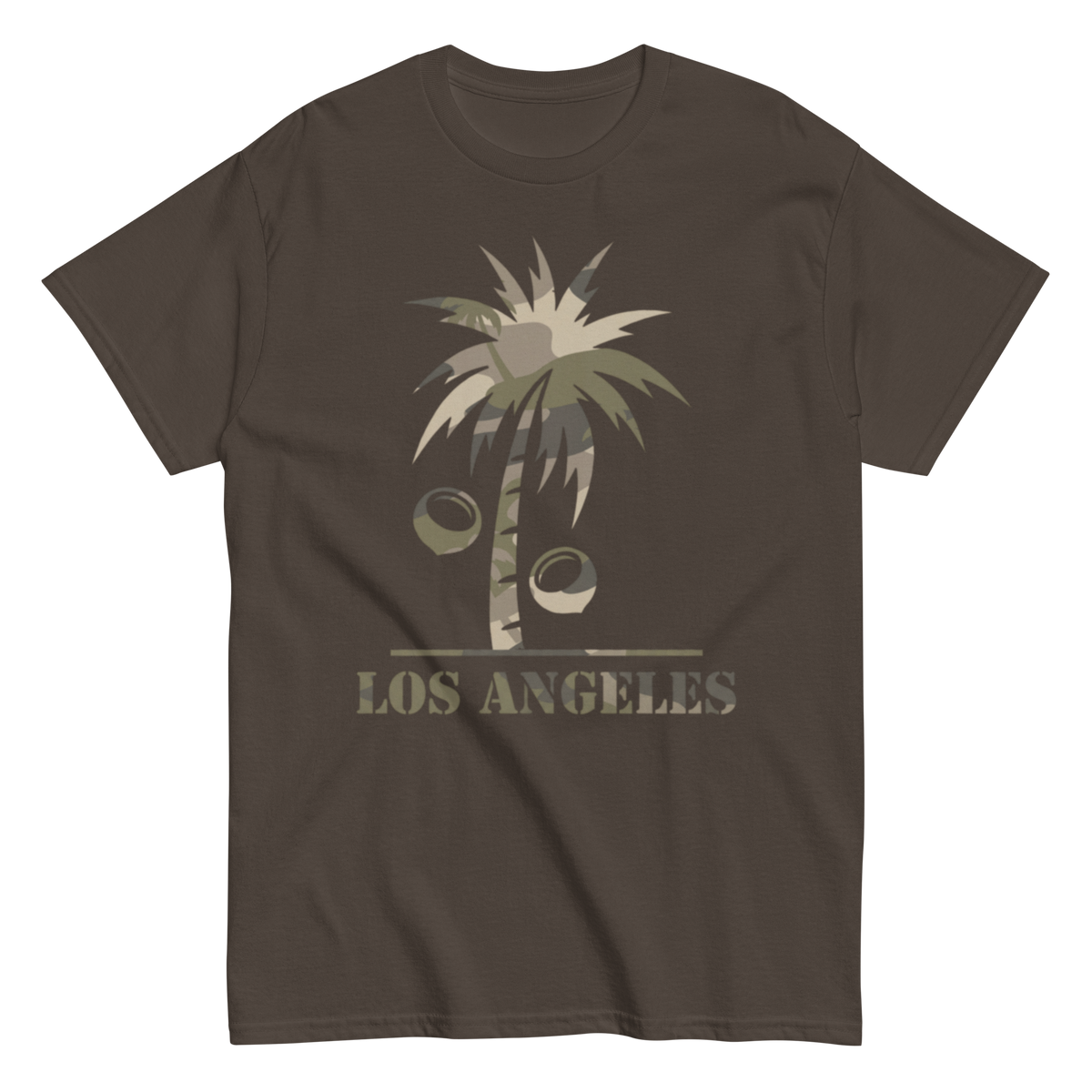 A dark brown short-sleeve crewneck t-shirt featuring a graphic of a palm tree with coconuts and the text 'LOS ANGELES' printed in a distressed font below it.