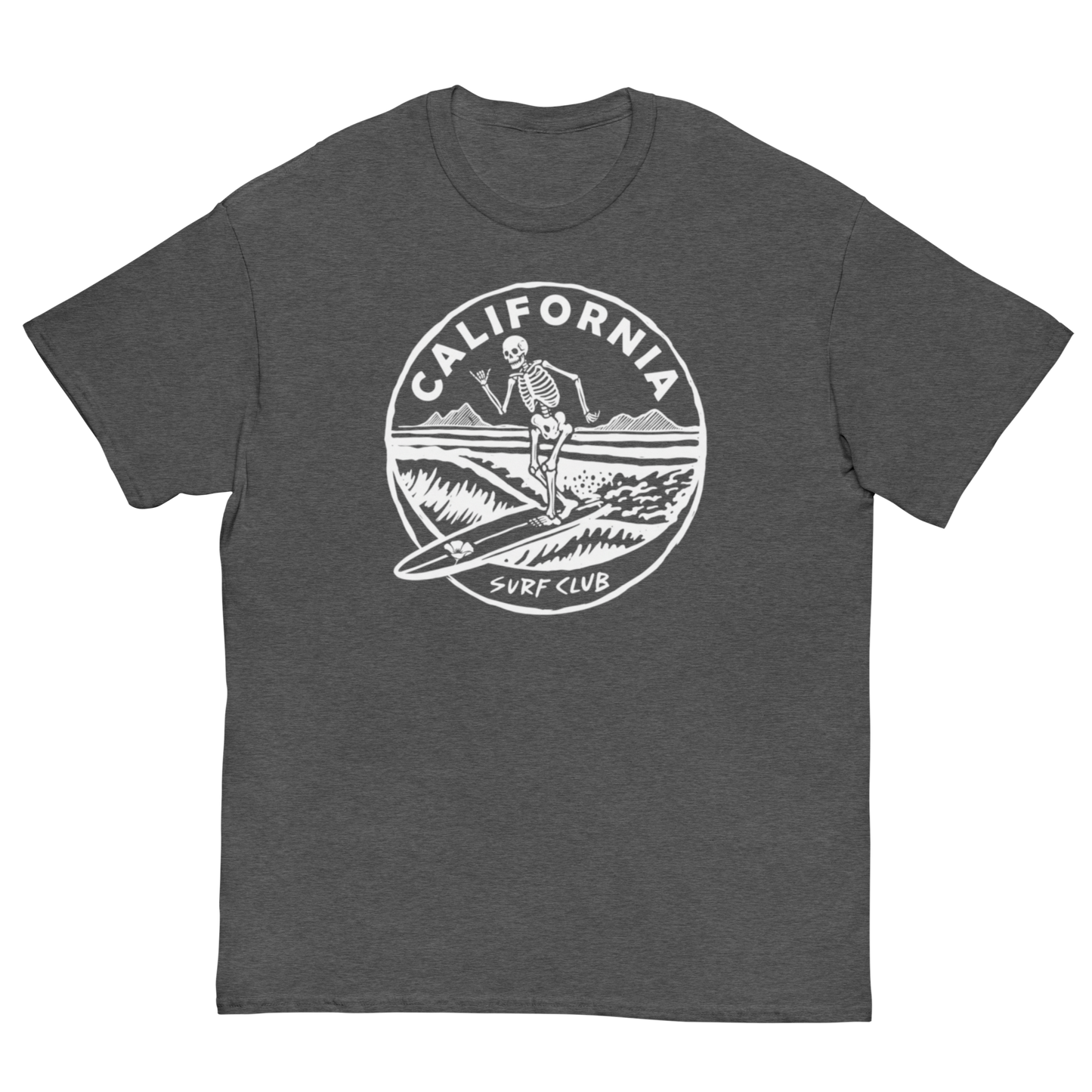 A dark heather gray short-sleeve t-shirt with a white circular graphic on the chest depicting a skeleton surfing, with the text 'CALIFORNIA SURF CLUB'.