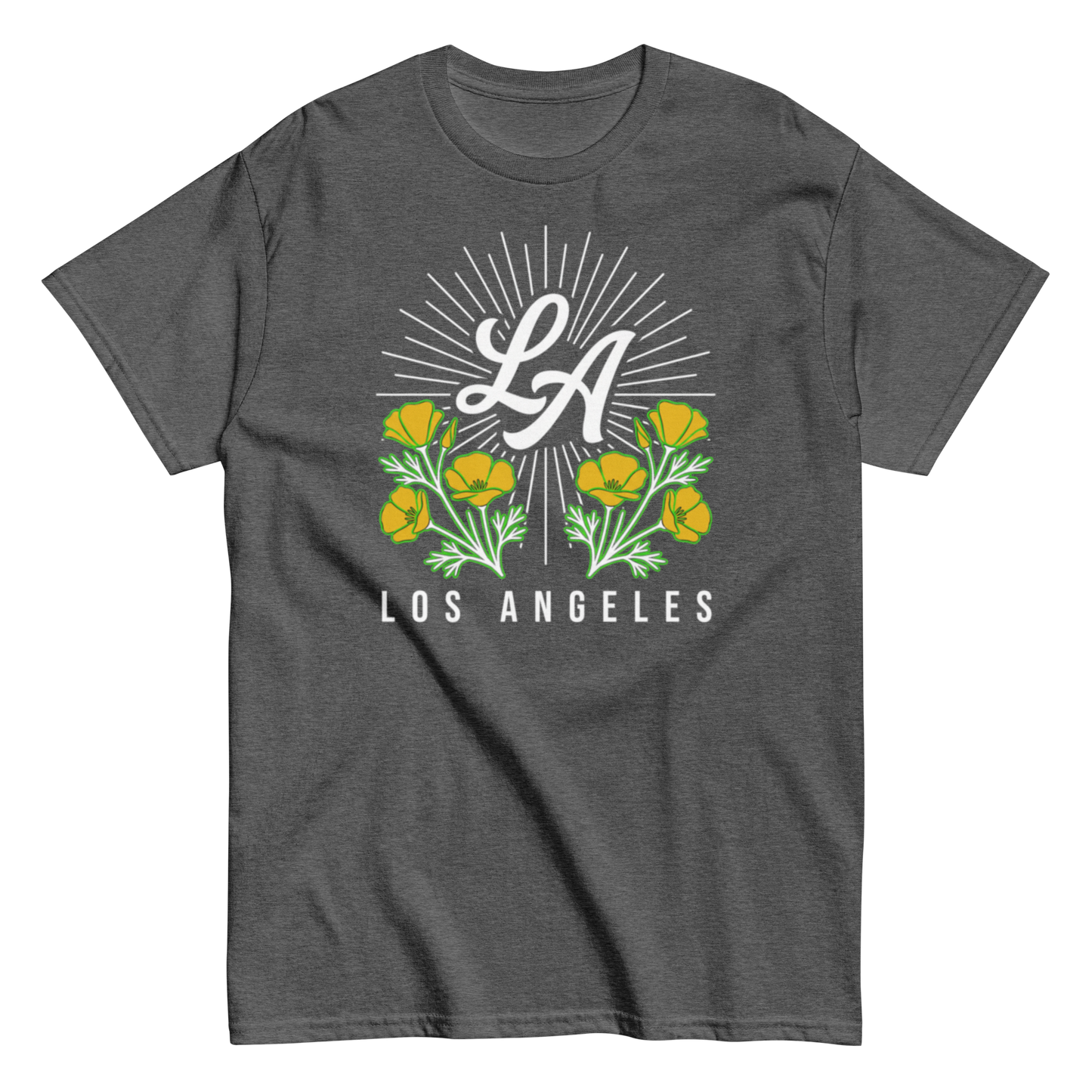 A dark heather gray t-shirt featuring a graphic print of yellow flowers, green leaves, and a white sunburst with the letters 'LA' and 'LOS ANGELES' printed below.