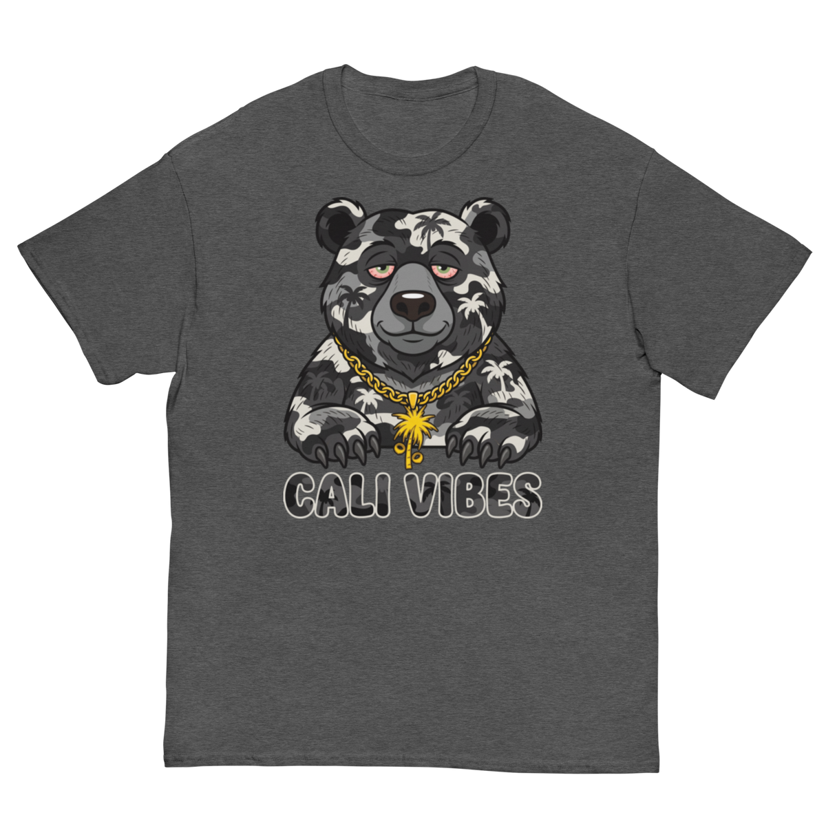 A dark heather gray t-shirt featuring a graphic of a bear with a camouflage pattern, wearing a gold chain necklace with a palm leaf pendant, above the text 'CALI VIBES'.