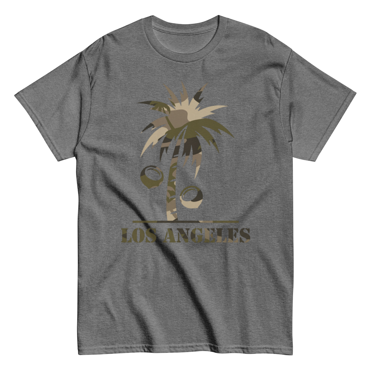 A heather gray short-sleeve crewneck t-shirt featuring a graphic of a palm tree with coconuts and the text 'LOS ANGELES' in a distressed olive-brown font.