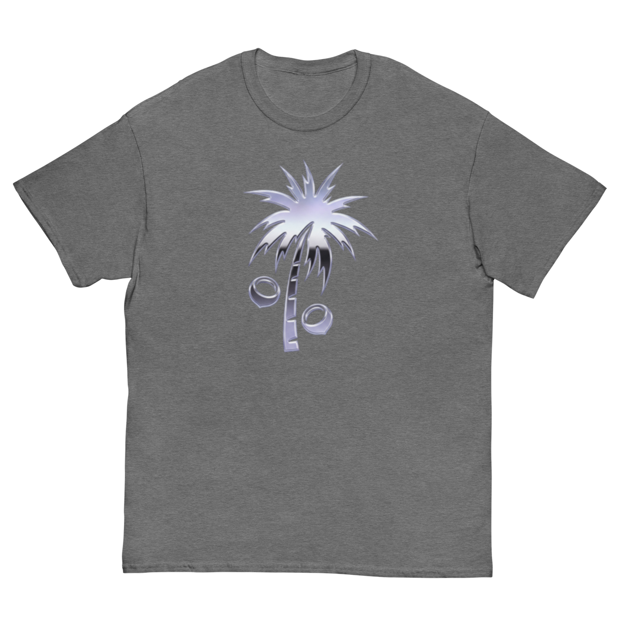 A heather gray short-sleeve crewneck t-shirt featuring a stylized graphic of a palm tree with a percentage symbol on the chest, displayed against a solid white background.