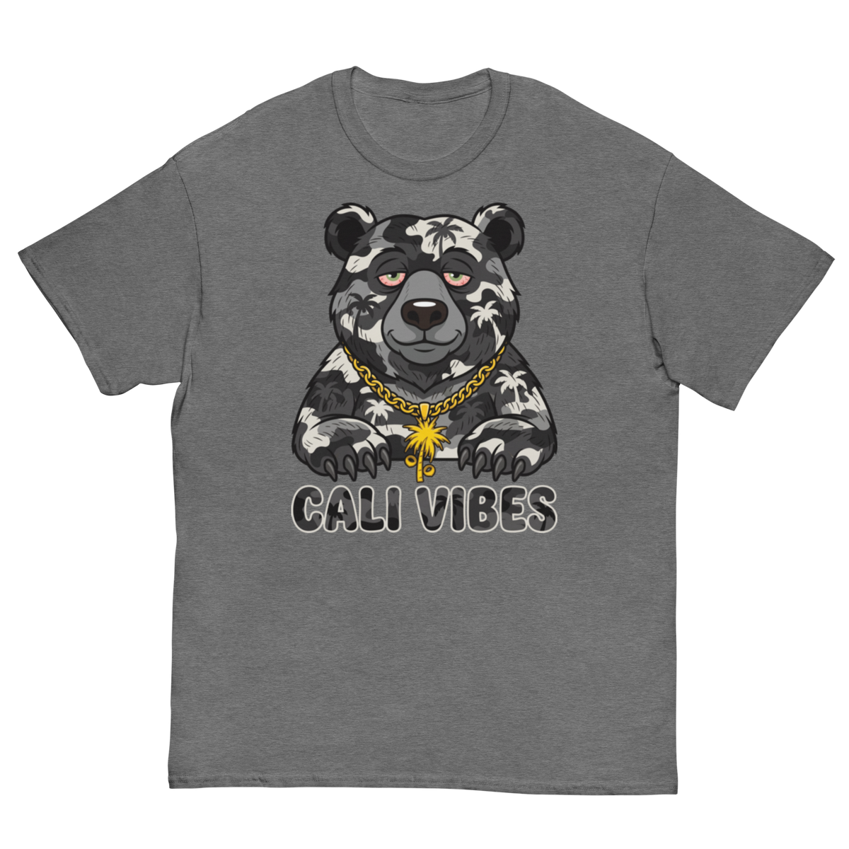 A heather gray crewneck t-shirt featuring a graphic of a black and white camo bear wearing a gold chain with a cannabis leaf pendant, above the text 'CALI VIBES'.