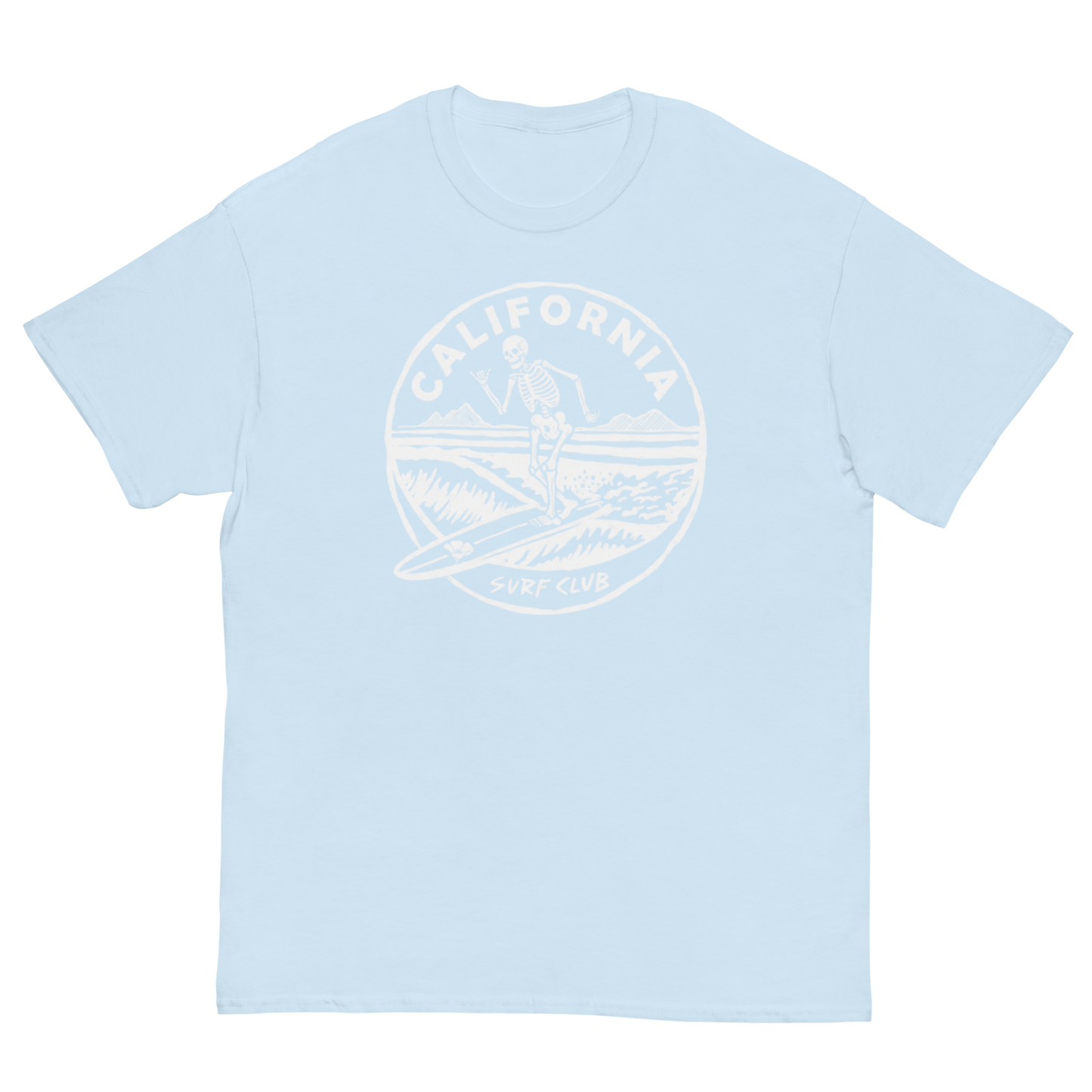 A light blue short-sleeve crewneck t-shirt featuring a white circular graphic on the chest with a surfer illustration and the text 'CALIFORNIA SURF CLUB'.