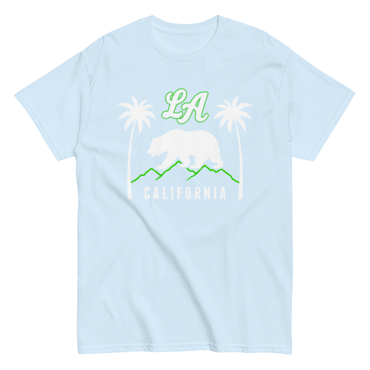 Light blue t-shirt with text 'LA California' on a white background