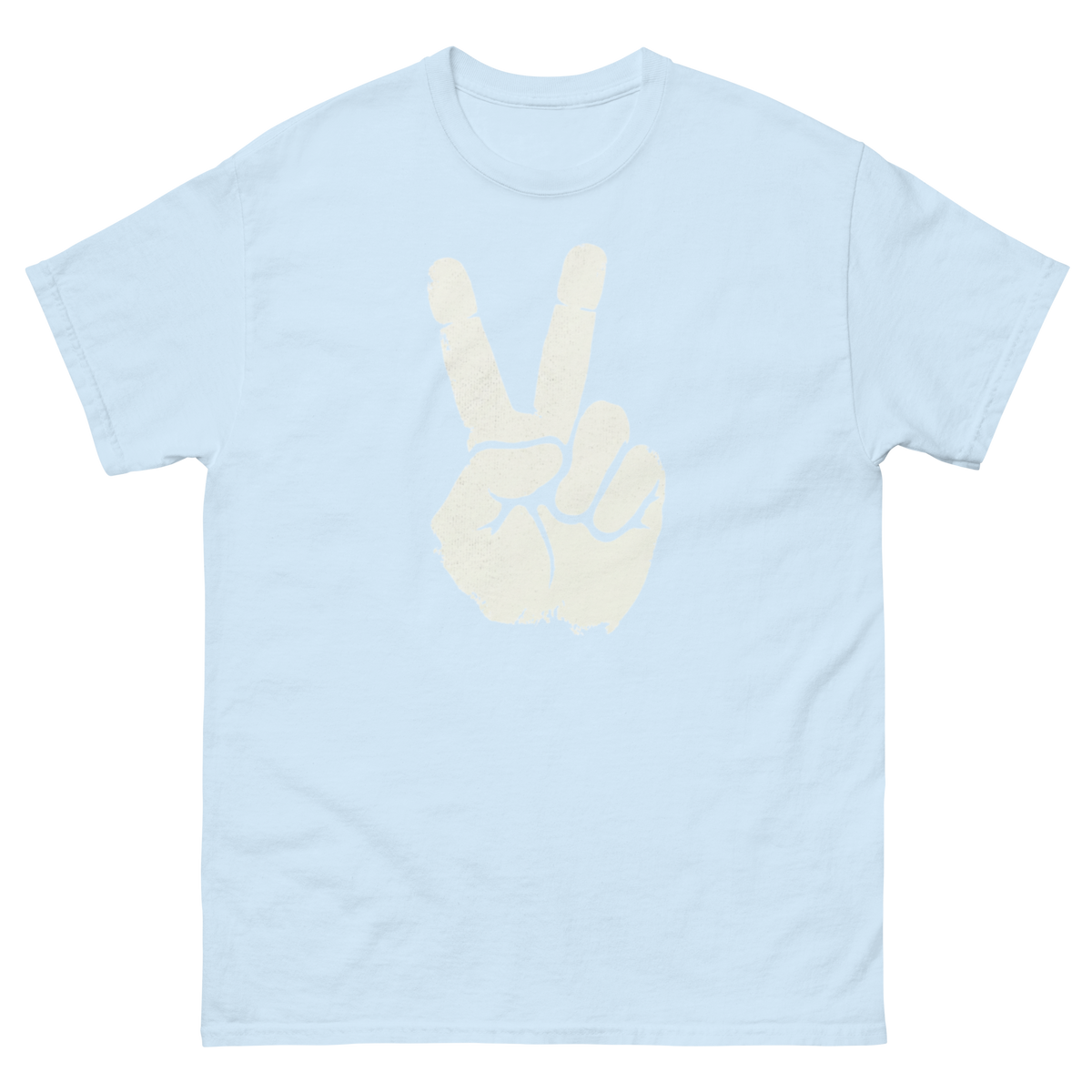 Light blue t-shirt on a white hand giving the peace sign