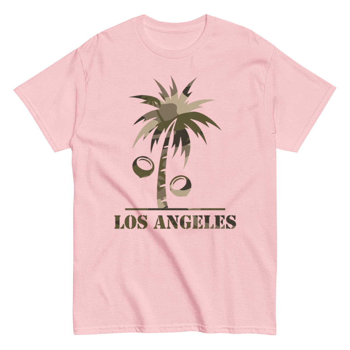 A light pink short-sleeve crewneck t-shirt featuring a graphic of a palm tree with coconuts and the text 'LOS ANGELES' printed below it, displayed on a clean white background.