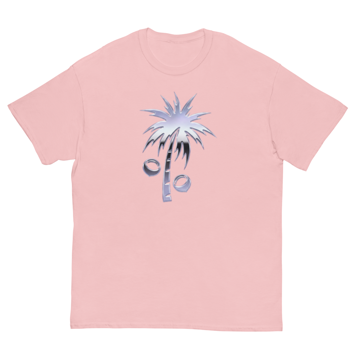 A light pink short-sleeve crewneck t-shirt featuring a stylized palm tree graphic on the chest, with coconuts integrated into the trunk and leaves in a metallic silver gradient.