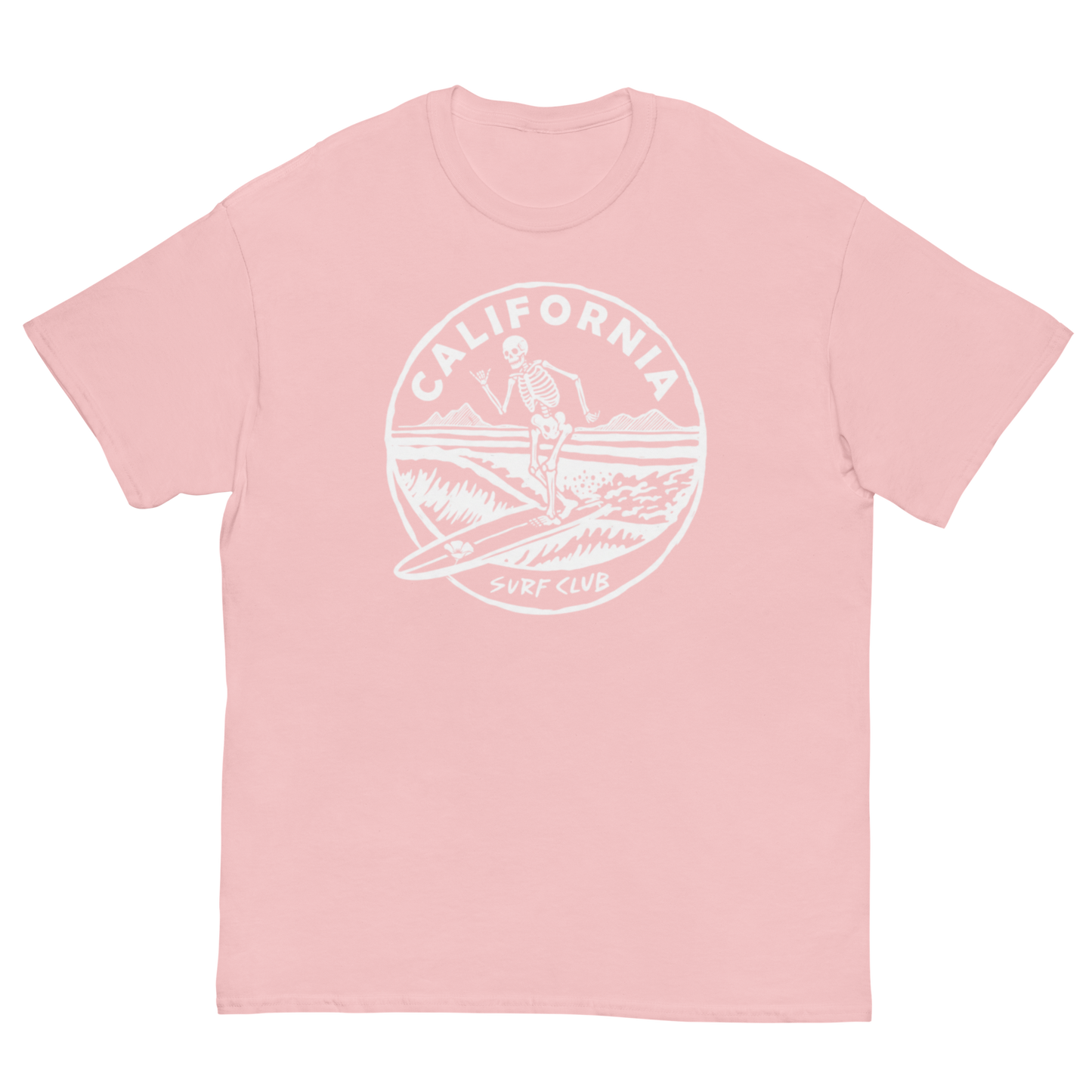A light pink short-sleeve crewneck t-shirt featuring a white circular graphic on the chest with a skeleton surfer and the text 'CALIFORNIA SURF CLUB'.