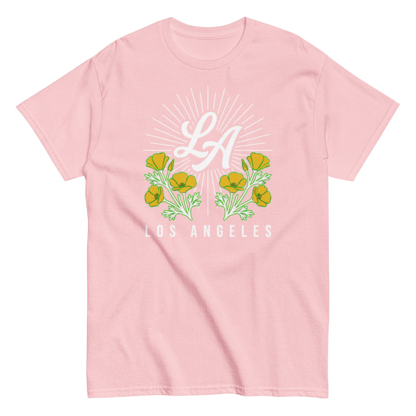 A light pink short-sleeve crewneck t-shirt featuring a graphic print of yellow flowers, green leaves, and a white 'LA' monogram with sunburst rays and 'LOS ANGELES' text.