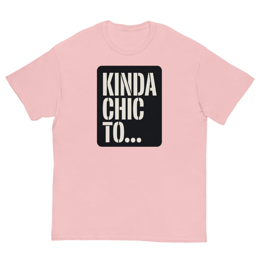 A light pink short-sleeve crewneck t-shirt with a black square graphic on the chest containing the text 'KINDA CHIC TO.