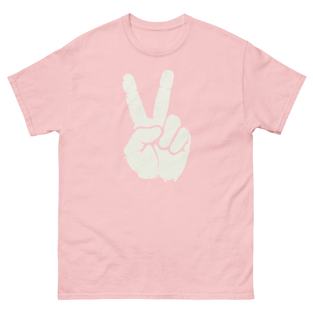 Pink t-shirt with a white peace sign design 