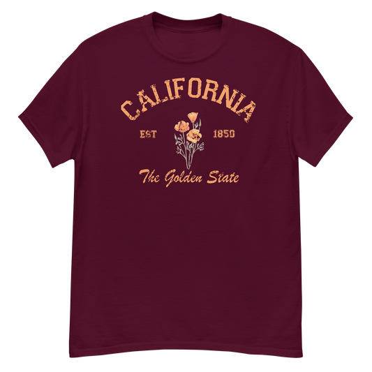Maroon t-shirt with 'California The Golden State' text and floral design on a white background