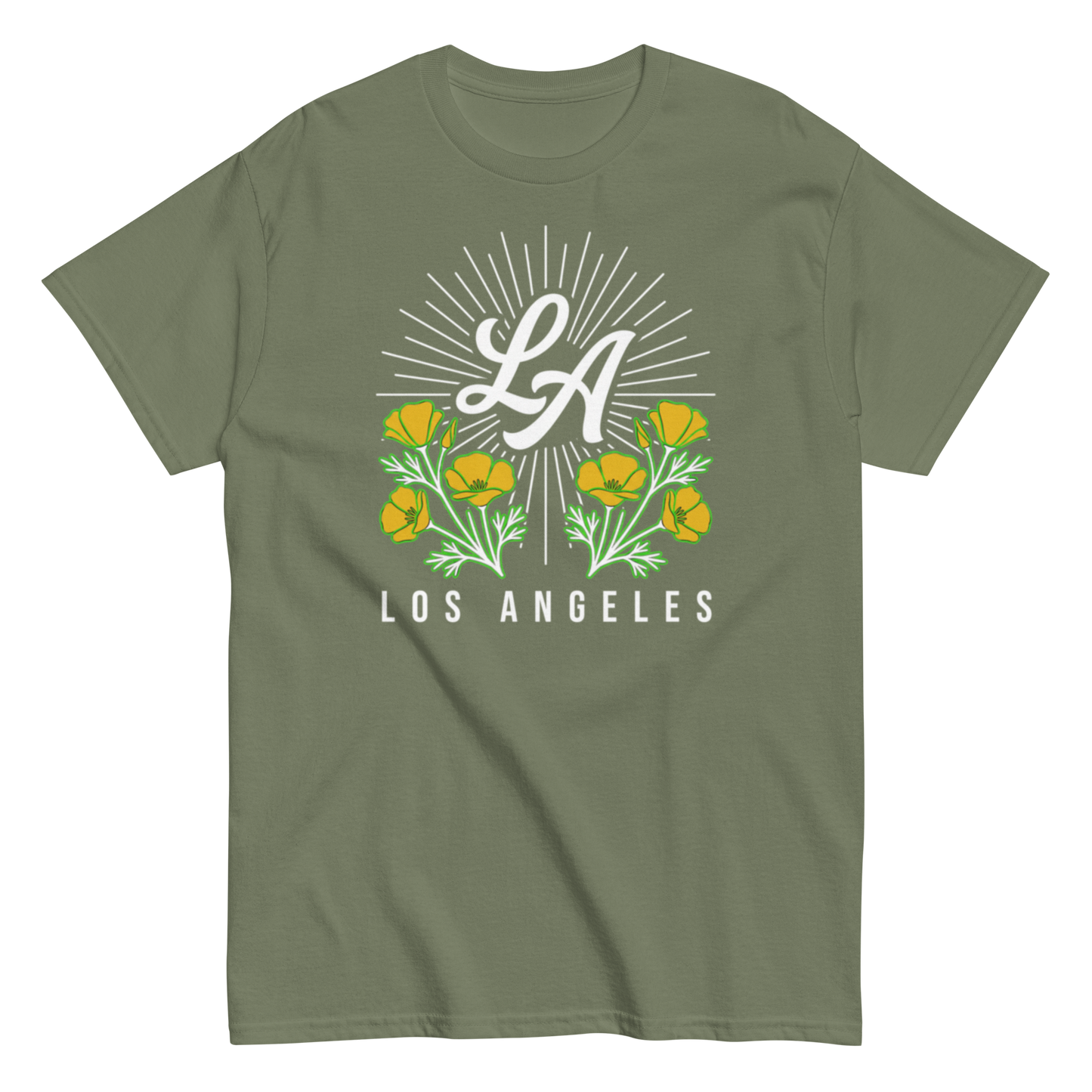 Green t-shirt with 'LA Los Angeles printed on it with California Poppy Flowers 
