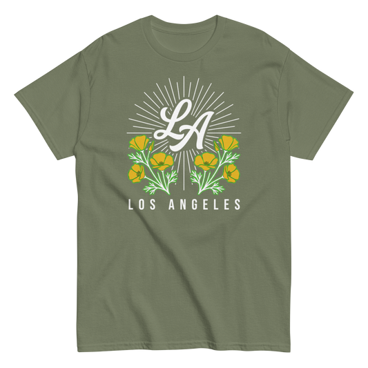Green t-shirt with 'LA Los Angeles printed on it with California Poppy Flowers 