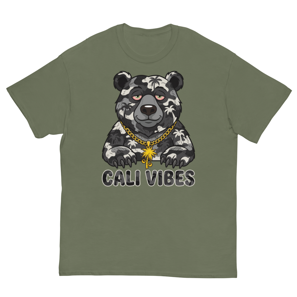 An olive green crewneck t-shirt featuring a graphic of a black and white camo bear wearing a gold chain with a palm leaf pendant, above the text 'CALI VIBES'.