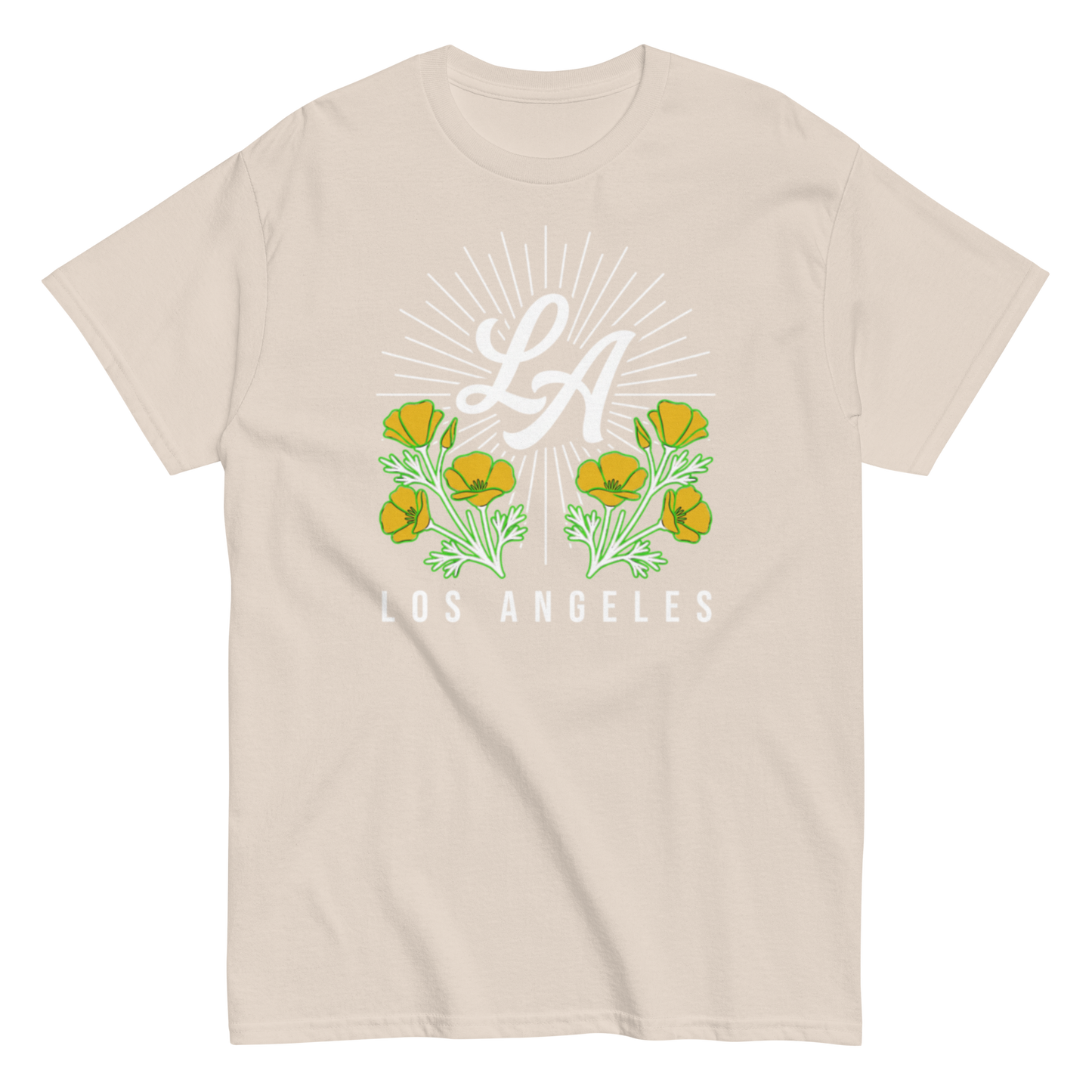 A light beige crewneck t-shirt featuring a graphic print of the 'LA' monogram, green and yellow flowers, and the text 'LOS ANGELES' on the front.