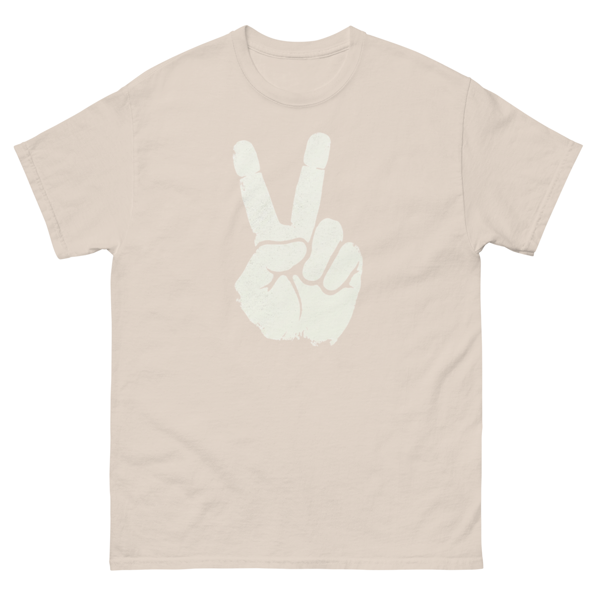 Off-white t-shirt with white graphic design of a Peace Sign hand 