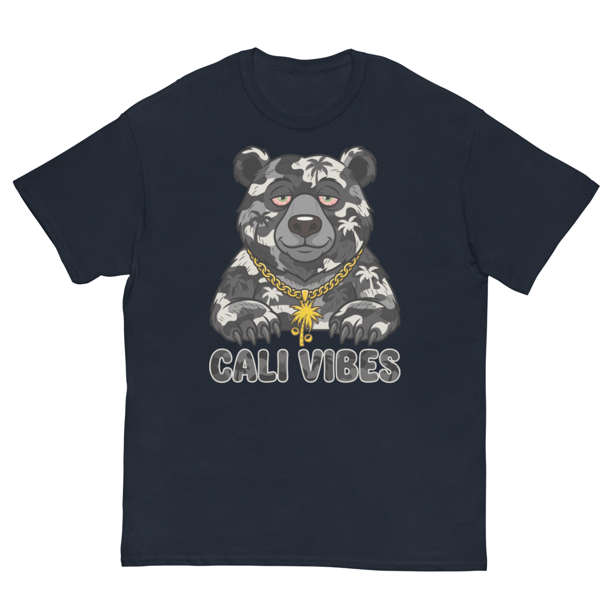 A navy blue short-sleeve t-shirt with a graphic of a bear wearing a gold chain and sunglasses, with the text 'CALI VIBES' printed below it.