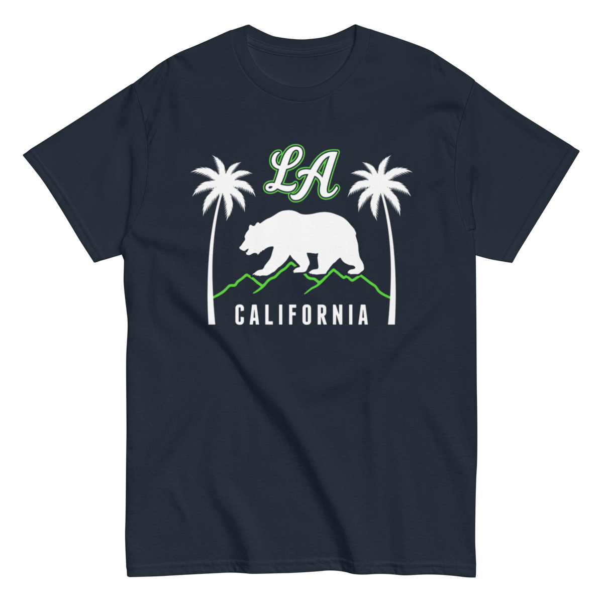 A navy blue short-sleeve t-shirt with a California-themed graphic on the chest, featuring a white bear, green mountains, palm trees, 'LA' in green script, and 'CALIFORNIA' in white.