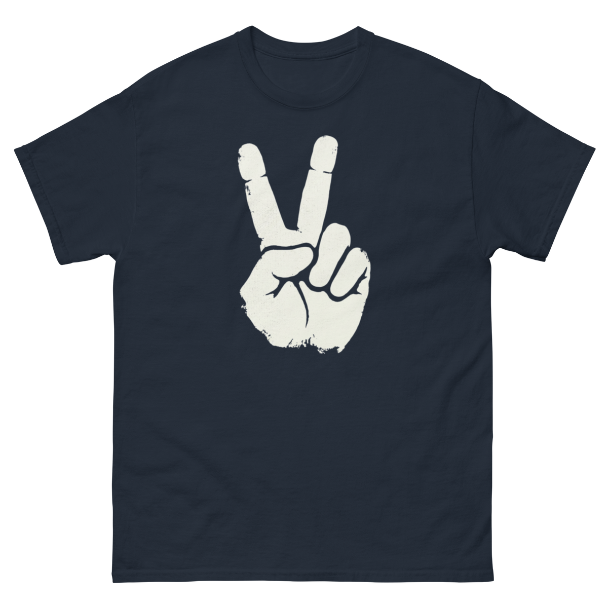 Navy blue t-shirt with a white peace sign design