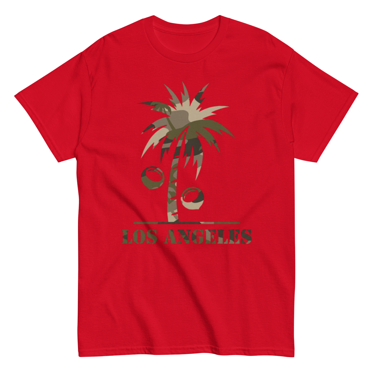 A red short-sleeve crewneck t-shirt featuring a graphic of a palm tree made from coconuts and the word 'LOS ANGELES' printed below in a dark green font.