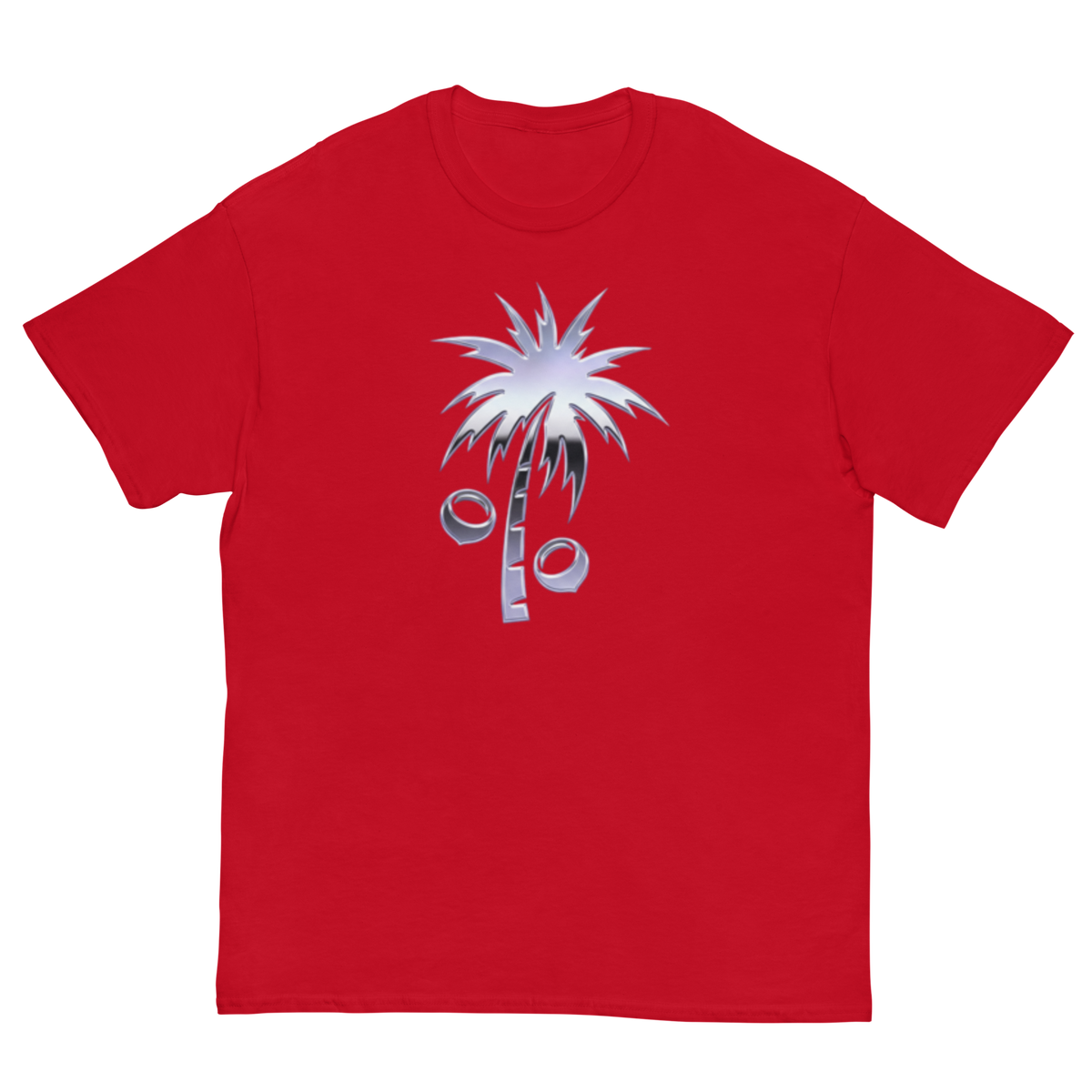 A red short-sleeve crewneck t-shirt featuring a graphic of a palm tree with a silver dollar sign on its trunk, set against a plain white background.