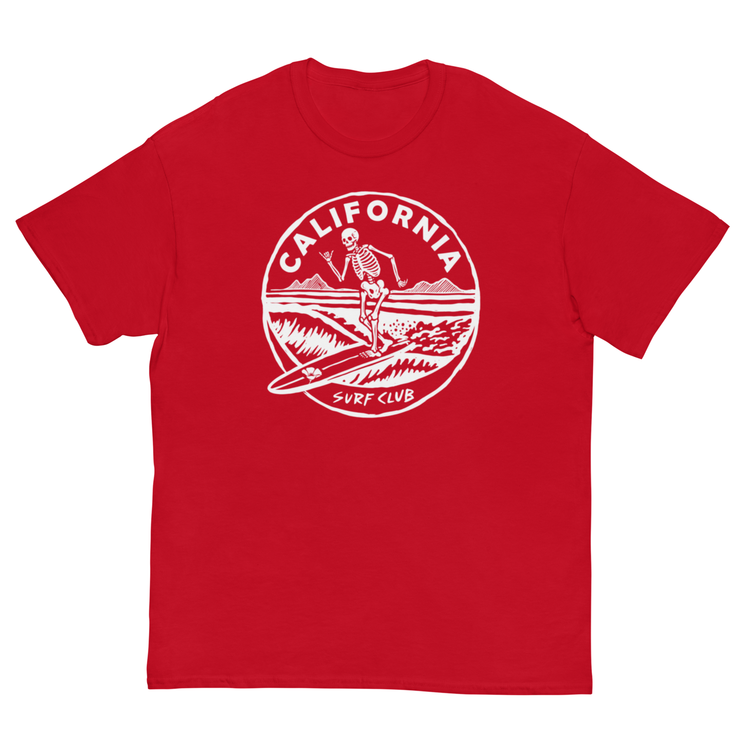 A red short-sleeve crewneck t-shirt featuring a white circular graphic on the chest with a skeleton surfer and the text 'CALIFORNIA SURF CLUB'.