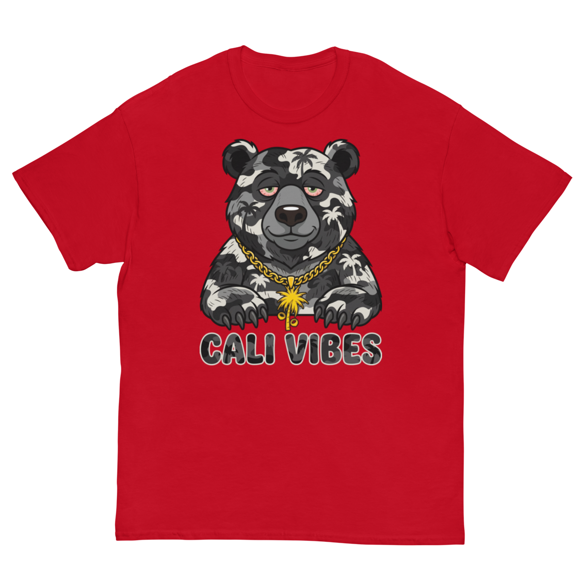 A red short-sleeve crewneck t-shirt featuring a graphic of a black and white camo bear wearing a gold chain with a maple leaf pendant, above the text 'CALI VIBES'.