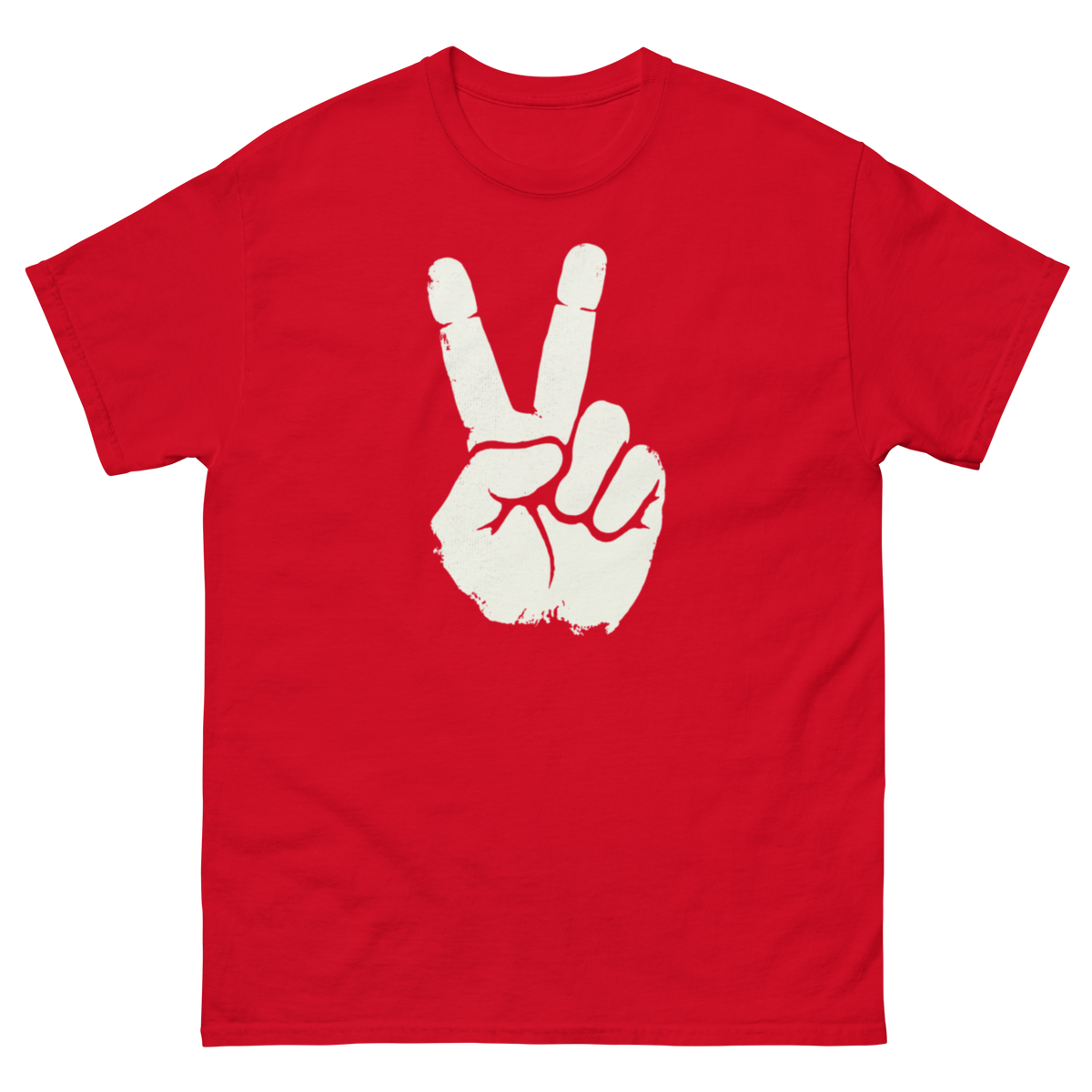 Red t-shirt with a white peace sign design 