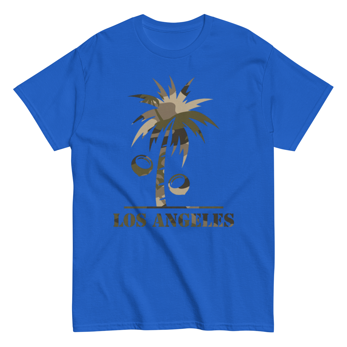 A royal blue short-sleeve t-shirt with a graphic of a palm tree made from coconuts and the text 'LOS ANGELES' underneath, displayed on a solid white background.