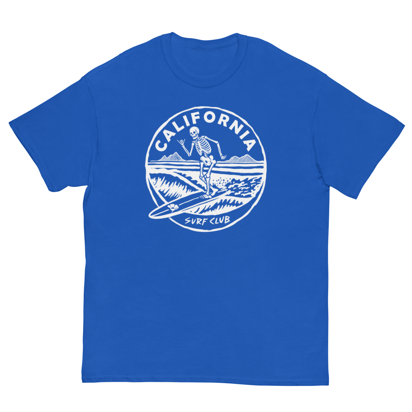 A royal blue short-sleeve crewneck t-shirt featuring a white circular graphic on the chest with a skeleton surfer and the text 'CALIFORNIA SURF CLUB'.