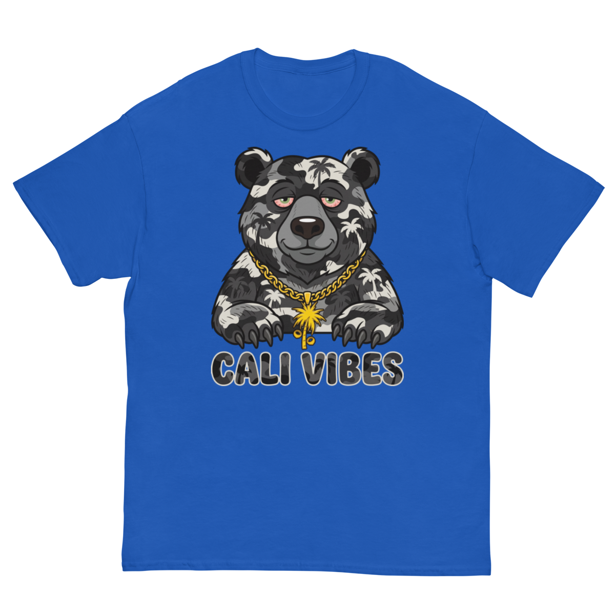 A royal blue short-sleeve t-shirt with a graphic of a black and white camo bear wearing a gold chain necklace, with the text 'CALI VIBES' printed below it.