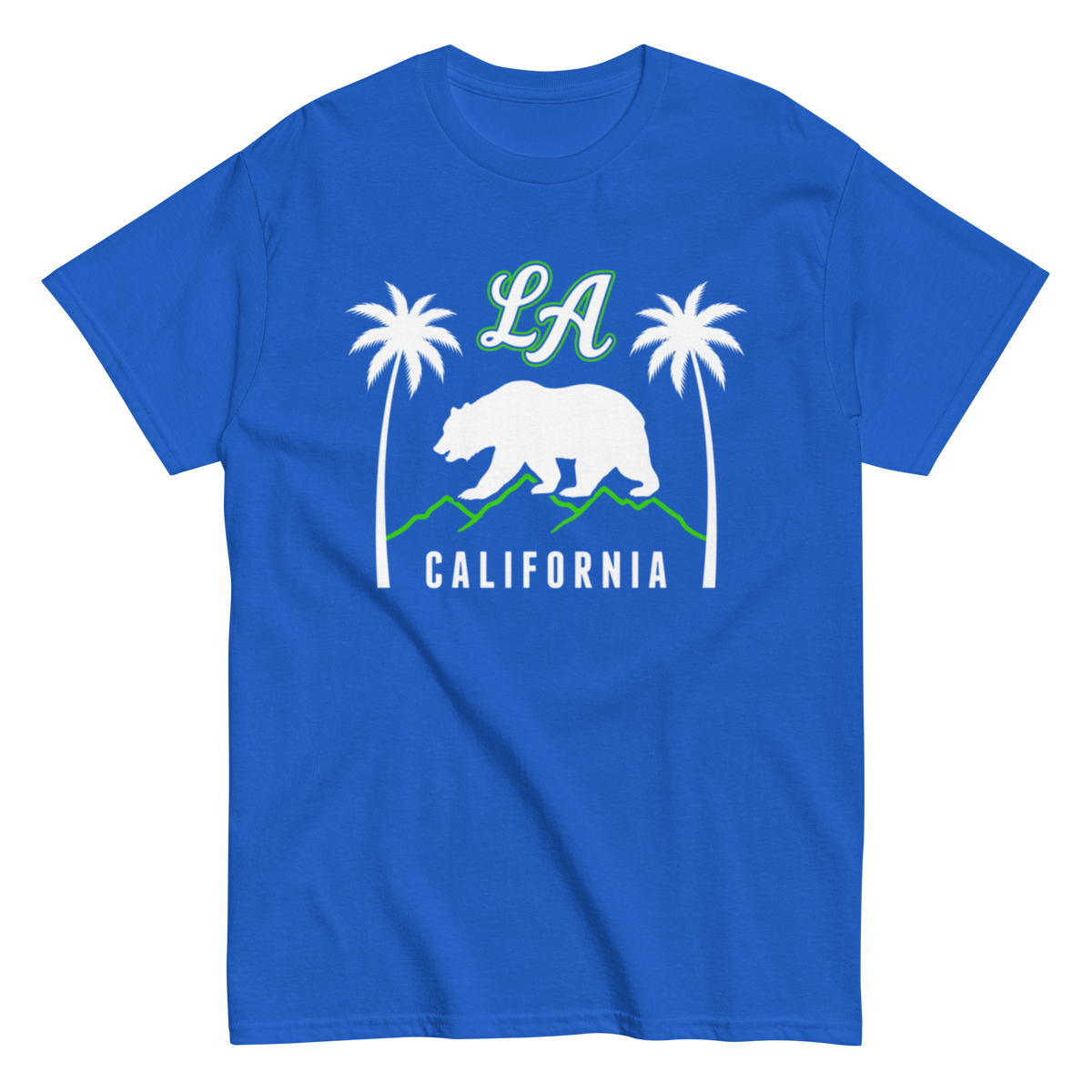 A royal blue short-sleeve crewneck t-shirt featuring a California-themed graphic on the chest with a white grizzly bear, two white palm trees, green 'LA' script, and 'CALIFORNIA' text.