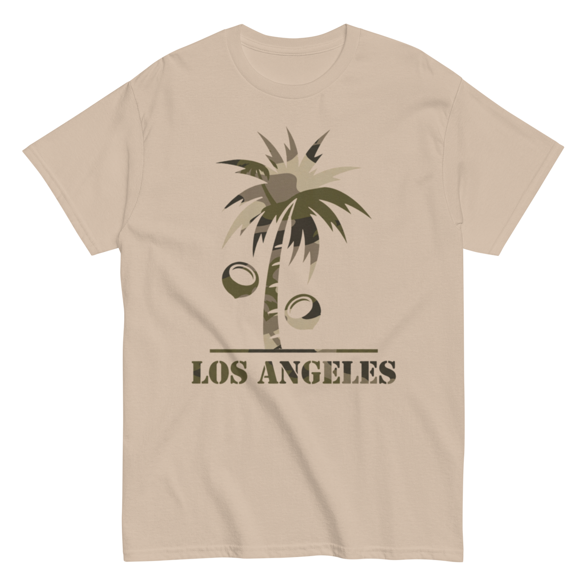 A beige crewneck t-shirt featuring a graphic of a palm tree with coconuts and the text 'LOS ANGELES' printed below it, displayed on a clean white background.