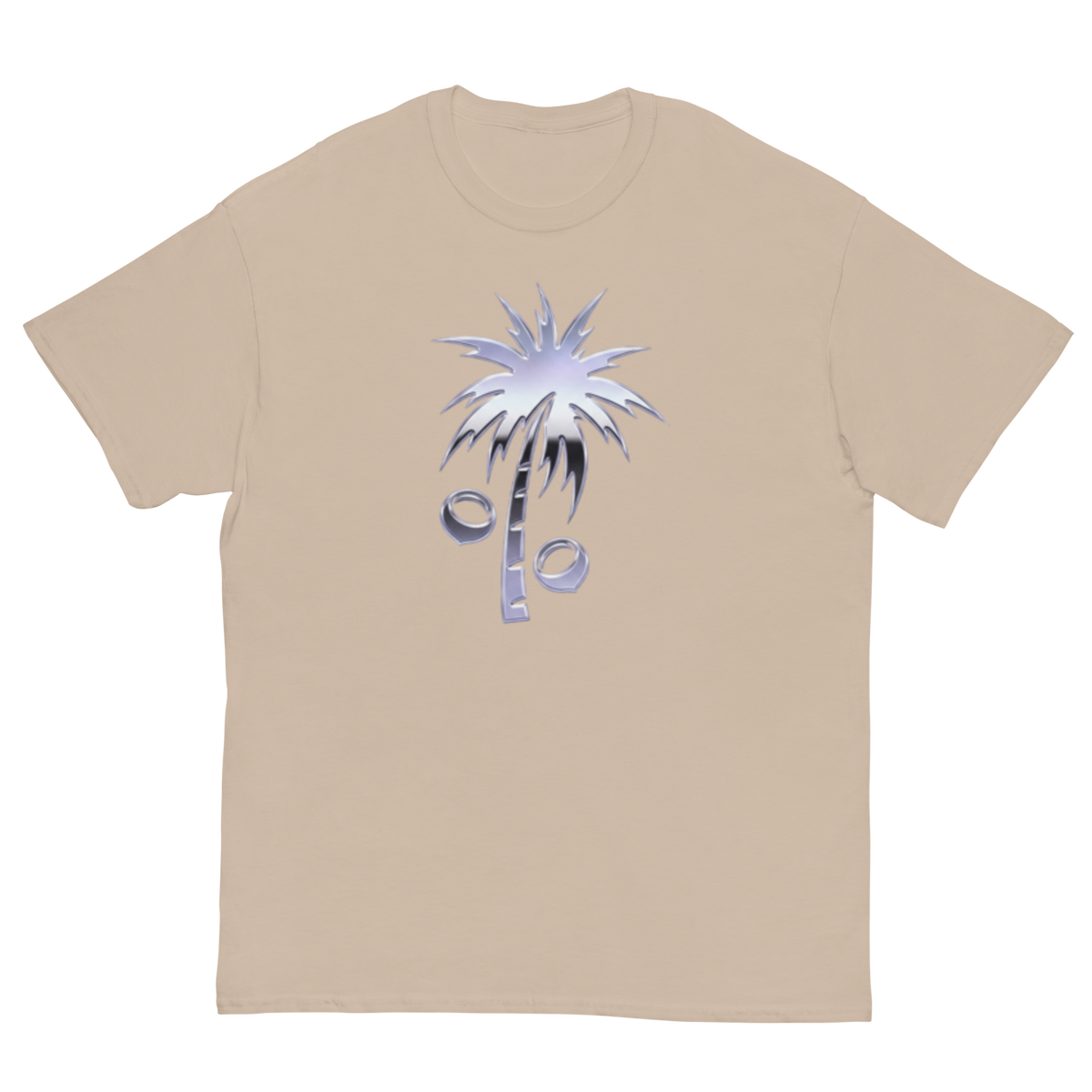 A beige short-sleeve crewneck t-shirt featuring a stylized silver palm tree graphic with percentage sign elements on the chest, displayed against a solid white background.