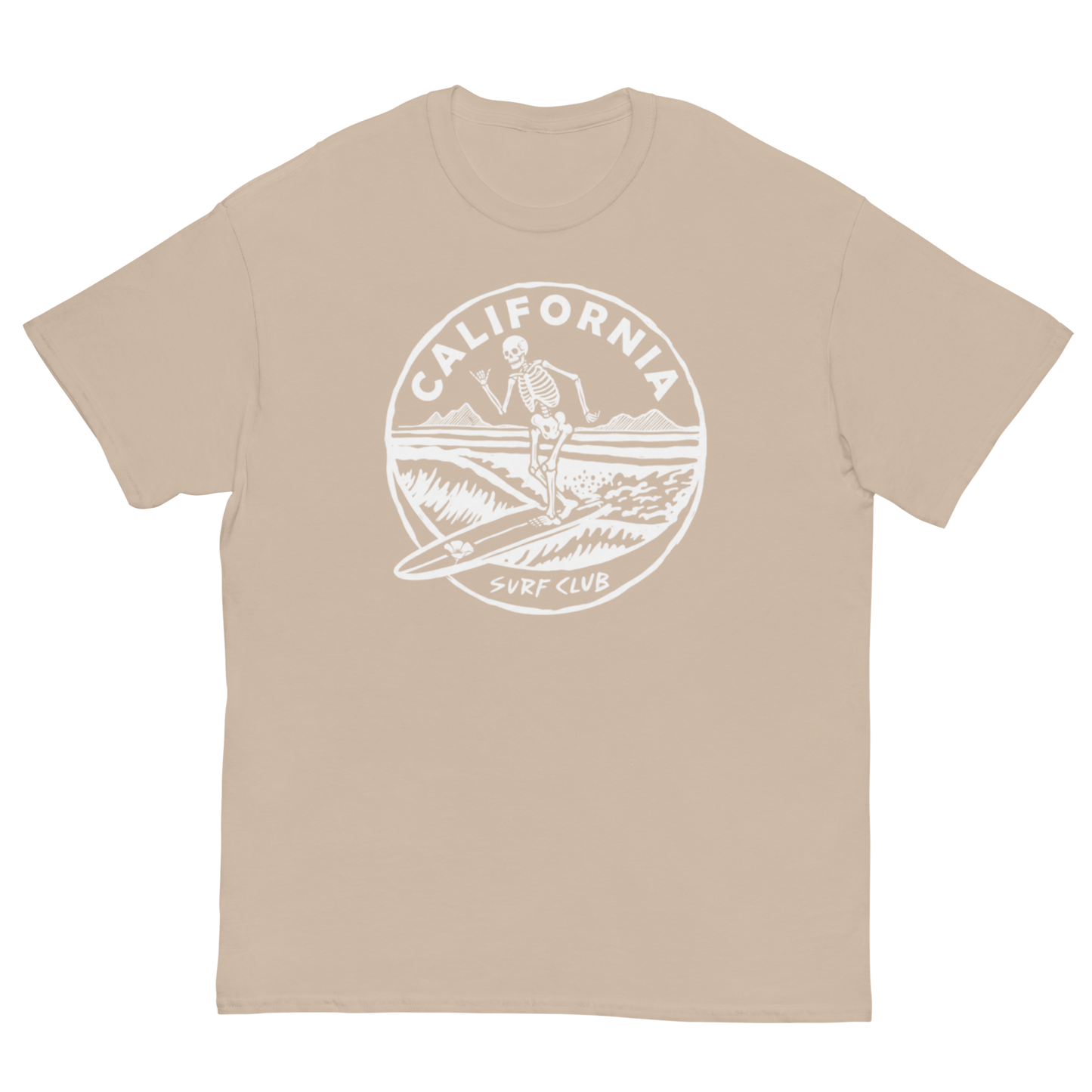 A beige crewneck t-shirt featuring a white circular graphic on the chest with a skeleton surfer and the text 'CALIFORNIA SURF CLUB'.