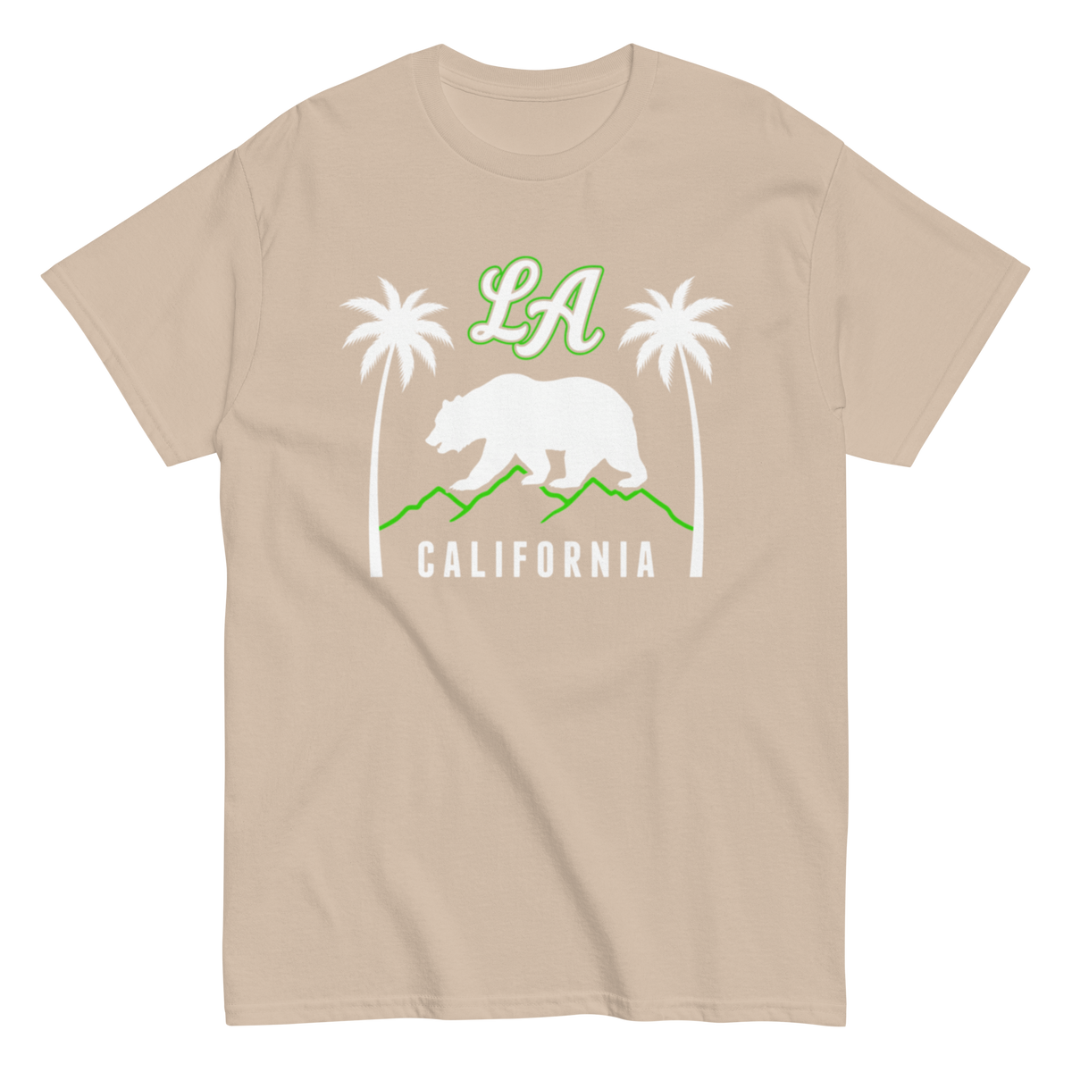 A beige short-sleeve crewneck t-shirt featuring a California-themed graphic on the front with a white bear, green mountains, palm trees, and 'LA' and 'CALIFORNIA' text.
