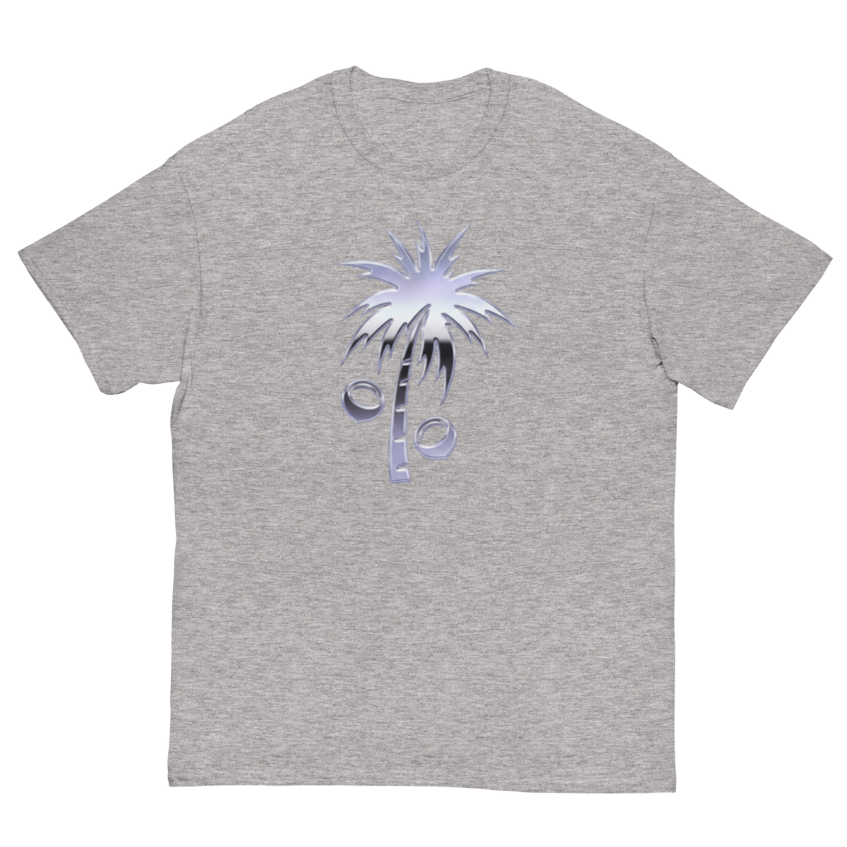 A heather gray short-sleeve crewneck t-shirt featuring a stylized graphic of a palm tree with coconuts on its trunk, printed on the chest.