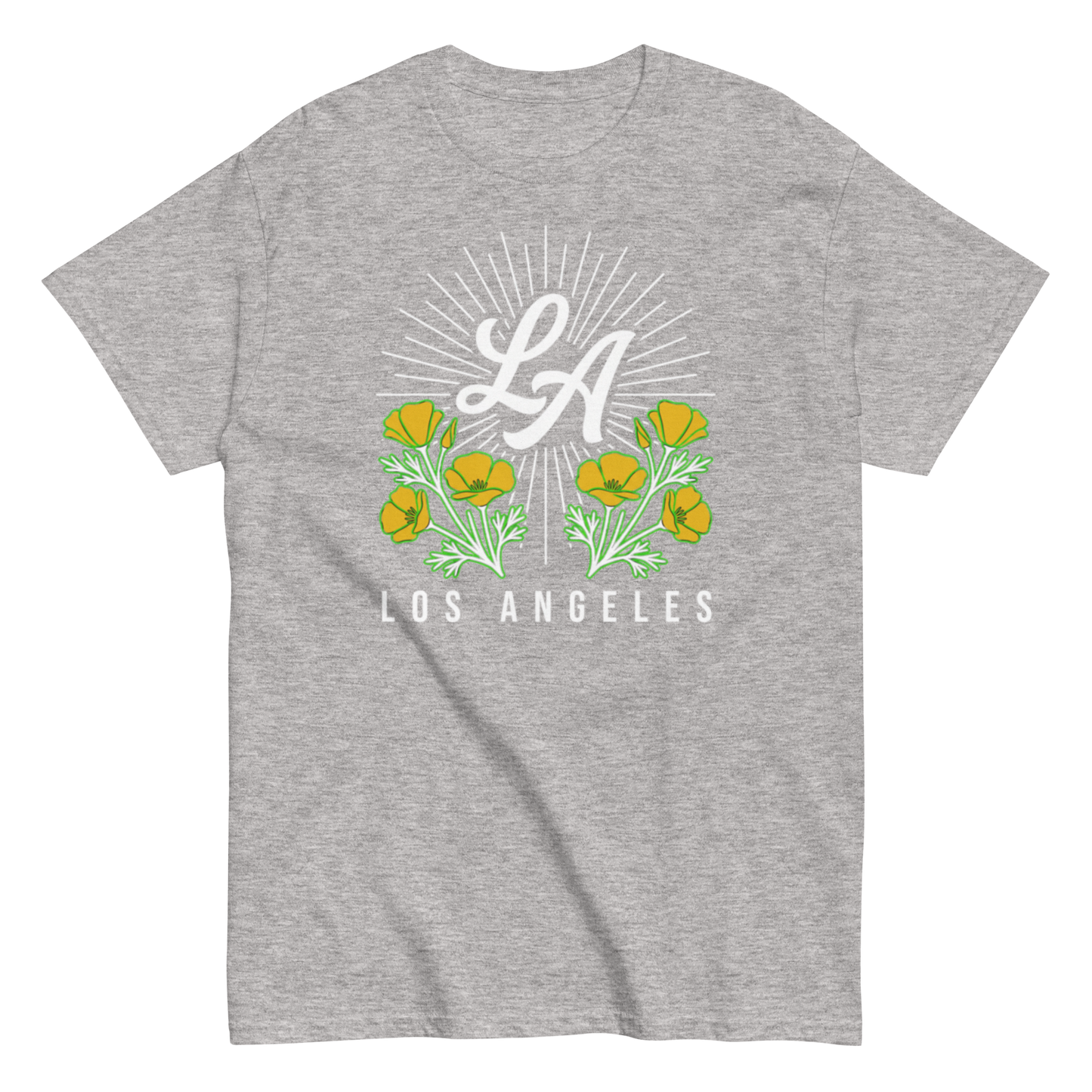 A heather gray short-sleeve t-shirt with a graphic on the chest featuring the letters 'LA' in white script, surrounded by yellow flowers and green leaves, with 'LOS ANGELES' printed below in white.