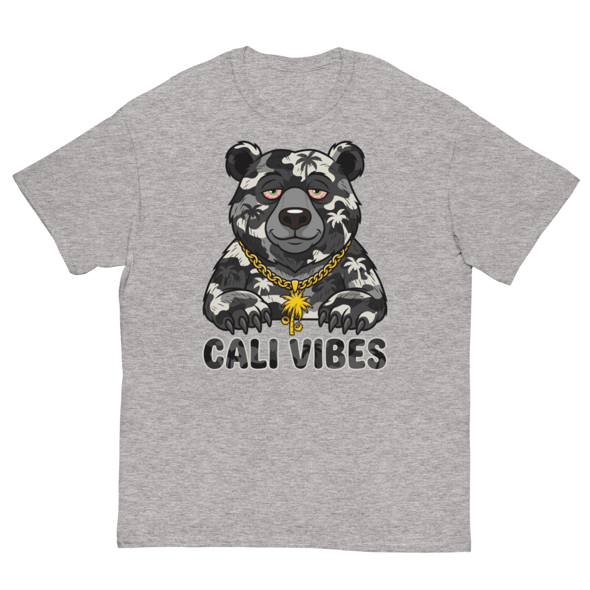 A heather gray crewneck t-shirt featuring a graphic of a black bear with white palm tree patterns, wearing a gold chain necklace, with the text 'CALI VIBES' printed below in black.