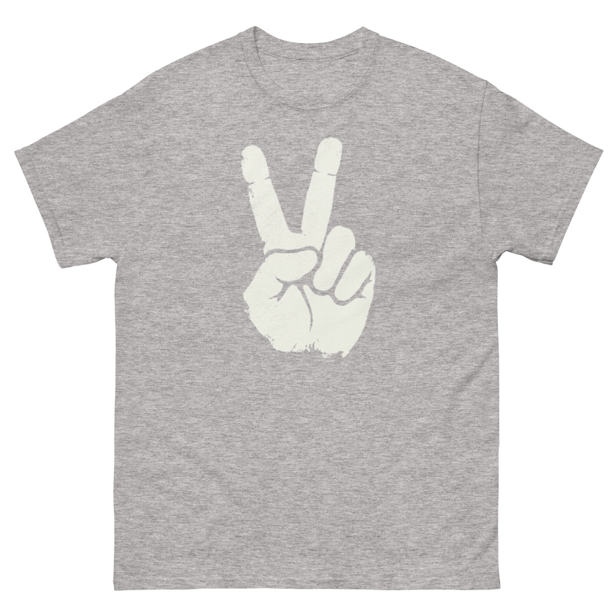 Gray t-shirt with a white peace sign design on a white background