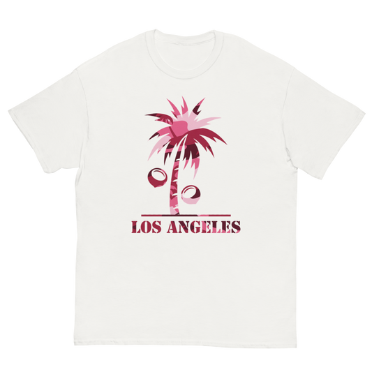 A white short-sleeve crewneck t-shirt featuring a pink palm tree graphic with coconuts and the text 'LOS ANGELES' printed on the chest.