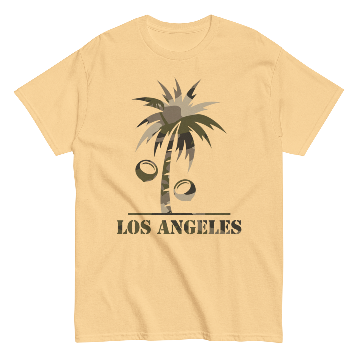 A pale yellow short-sleeve crewneck t-shirt featuring a graphic of a palm tree with coconuts and the text 'LOS ANGELES' printed below it.